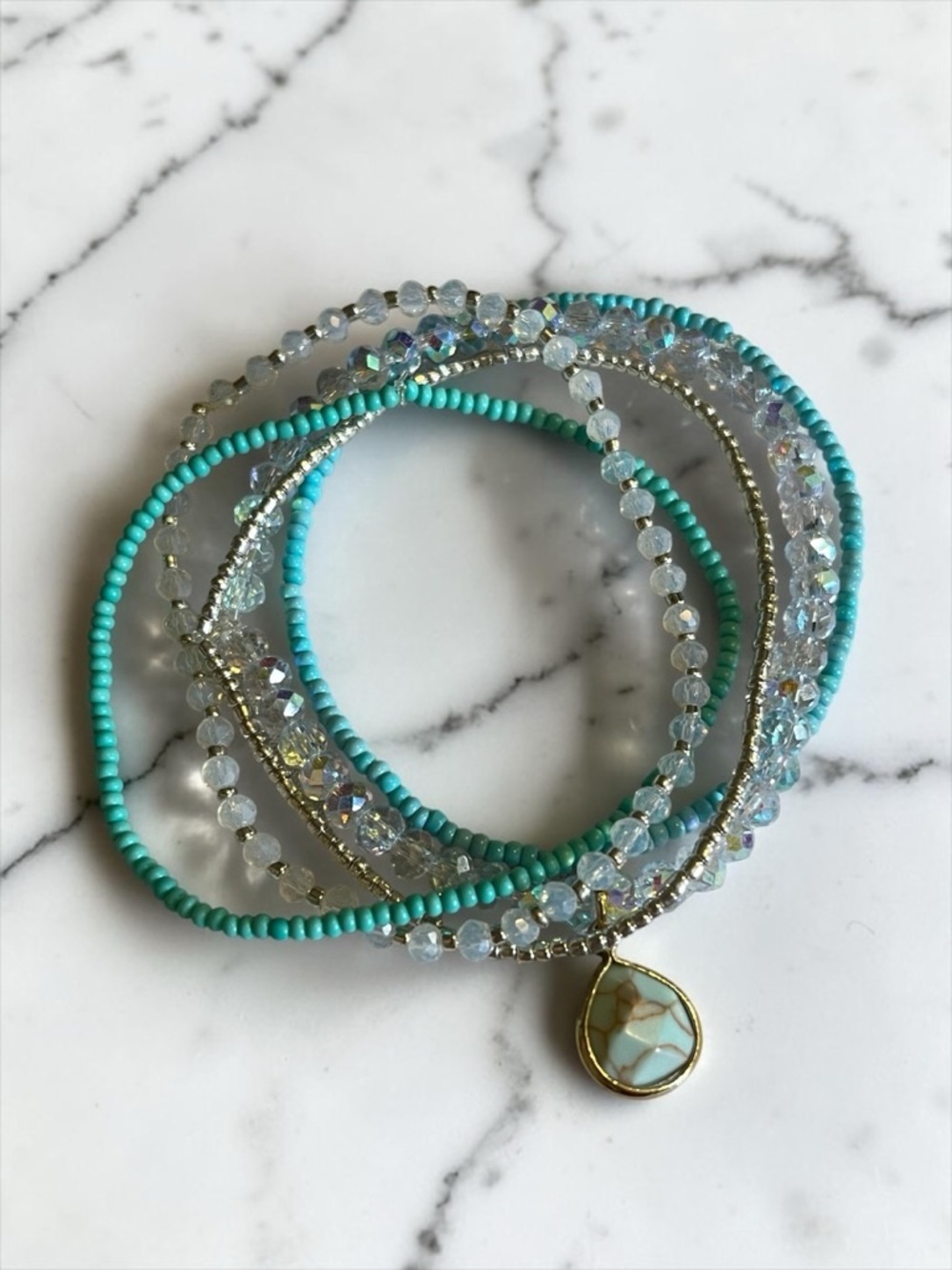 Boho Czech Glass Blue Faux Gem Seed Bead Bracelet Set CC Y